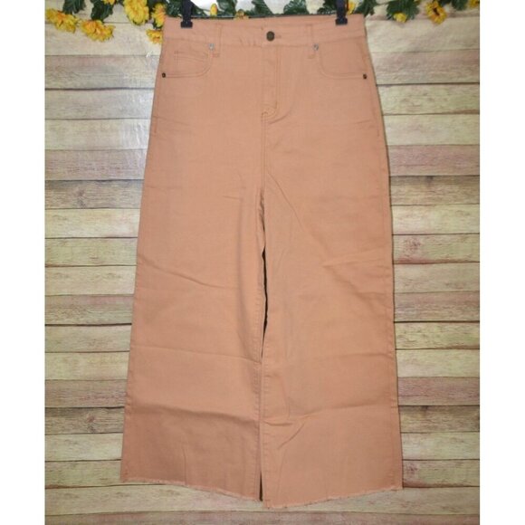 NWT Mud Pie Women's Crawford Wide Leg Jeans Raw Hem Ladies L Brown High Rise - Picture 1 of 11